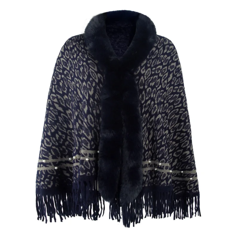 

Fur Collar Winter Shawls And Wraps Womens Winter Ponchos And Capes Sleeve Cardigan New leopard Cape Coat Lady Cloak Navy