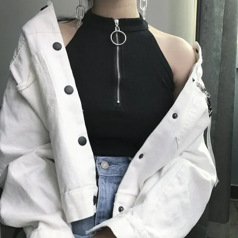 

Camisole Color Ribbed Crop Zipper Neck Top Halter Boat Sleeveless Solid Top Tank Clothing Gyaru Women Streetwear Top