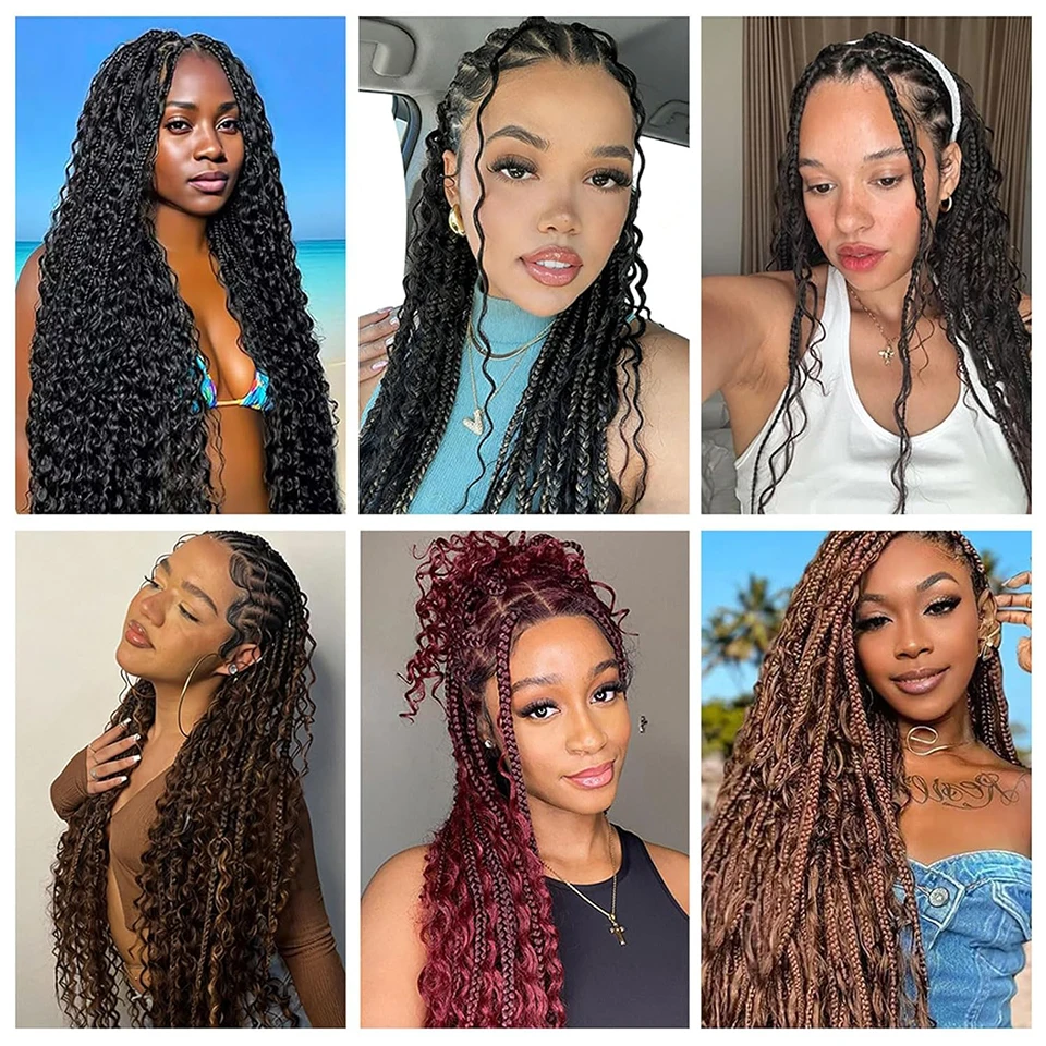 24" Body Wave Braiding Hair Extensions 3-5Pcs Synthetic Pre-Feathered Black Boho Box Braids for Goddess French Curl Crochet Hair 5