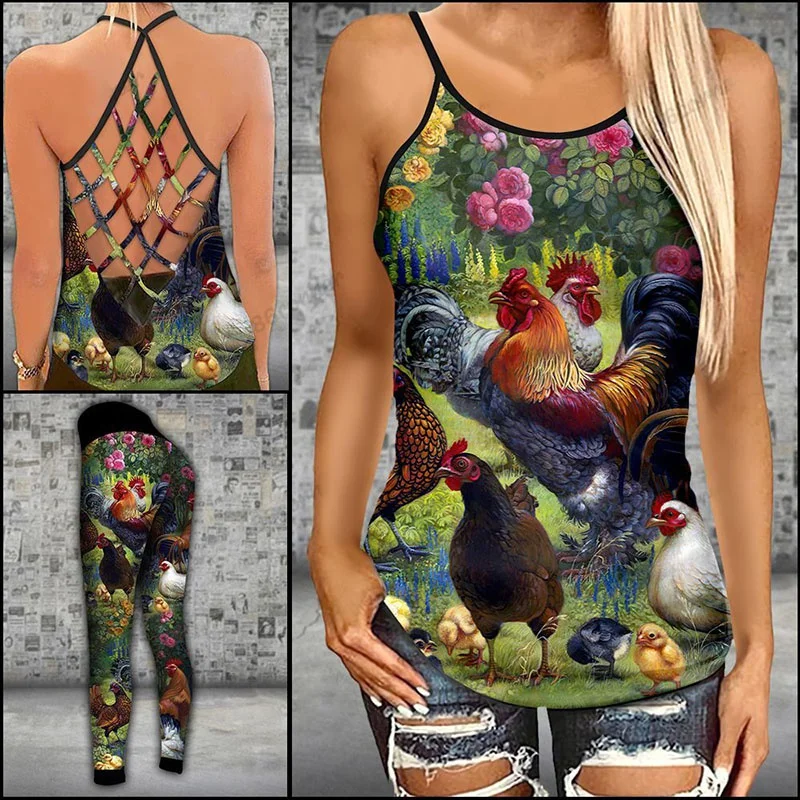 

Chicken Pattern Cross Backless Camisole Vest + Leggings Yoga Pants Set