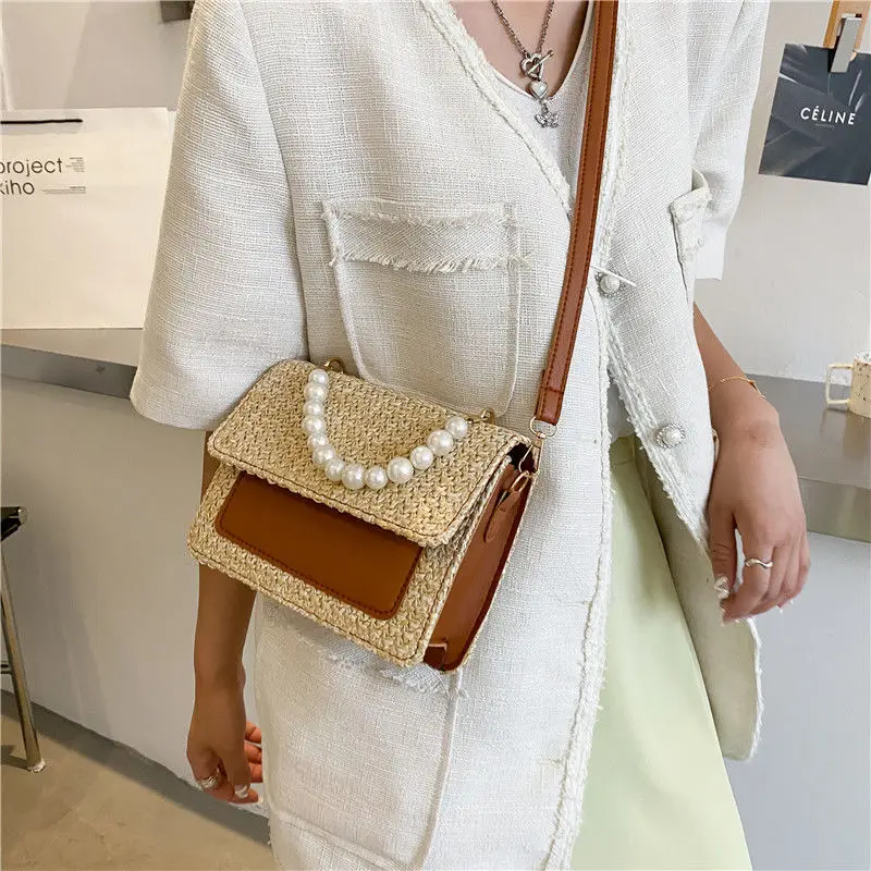 Crossbody Bag Women Designer Shoulder Bag Female Handbag Purse Straw Beaded Fashion New PU Leather Simple Contrast Color