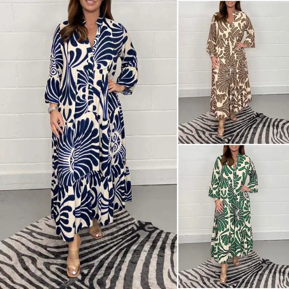 

Lady Fall Spring Long Dress Vintage Print Maxi Dress Contrast Color Ninth Sleeves High Waist Ankle Length Button Decor for Women