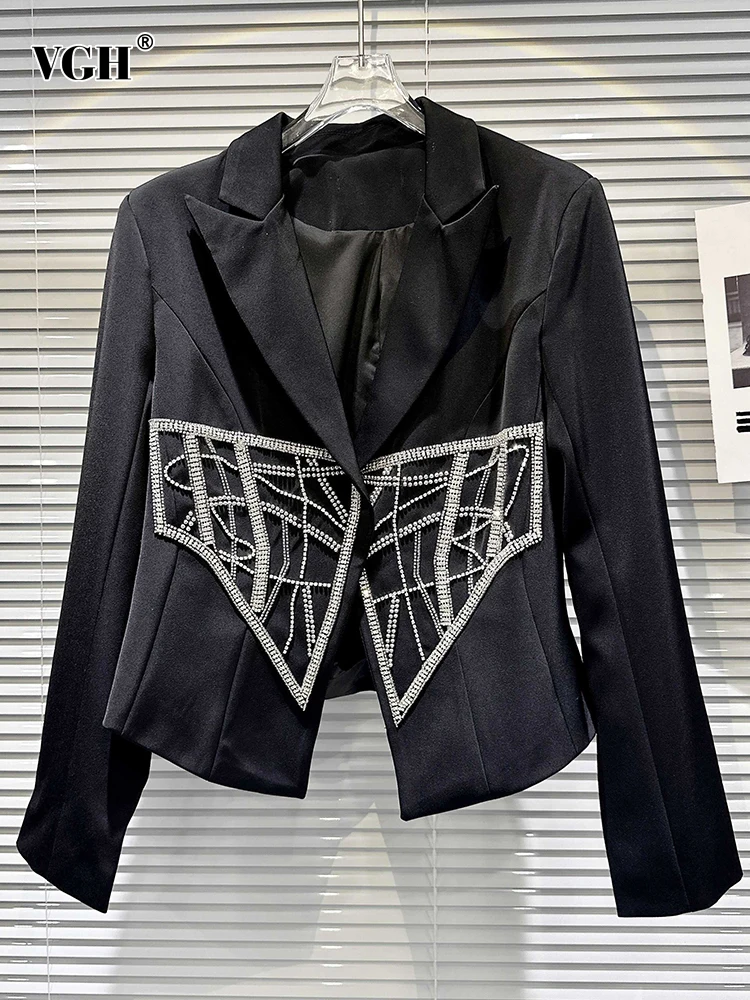 

VGH Colorblock Patchwork Diamonds Blazer For Women Notched Collar Long Sleeve Spliced Button Slimming Blazers Female Fashion New