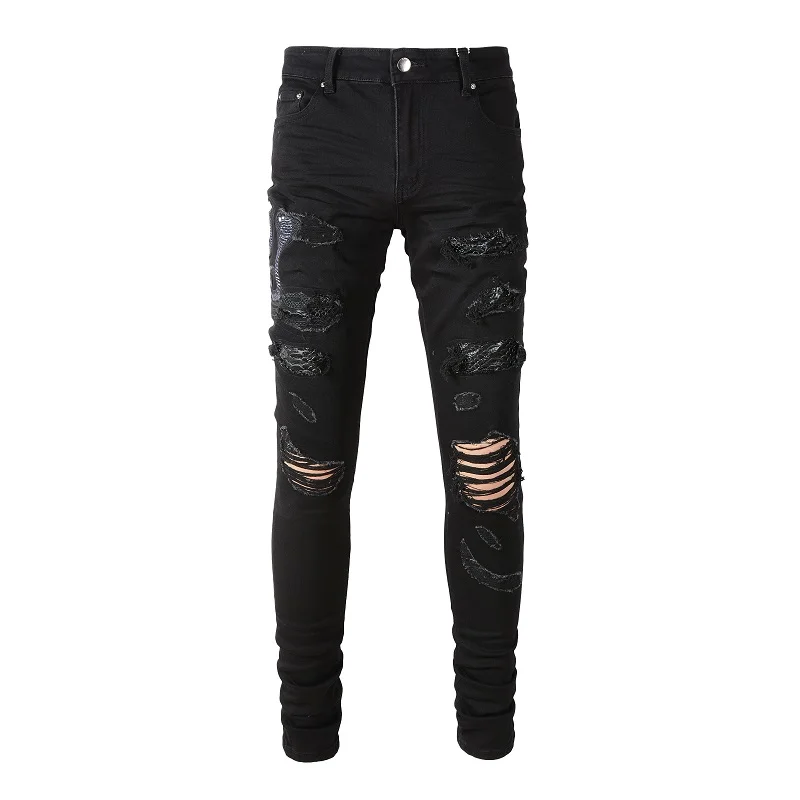 

New Arrivals Men's Black Streetwear Fashion Slim Fit Embroidered Snake Pattern Skinny Stretch Destroyed Holes Ripped Jeans