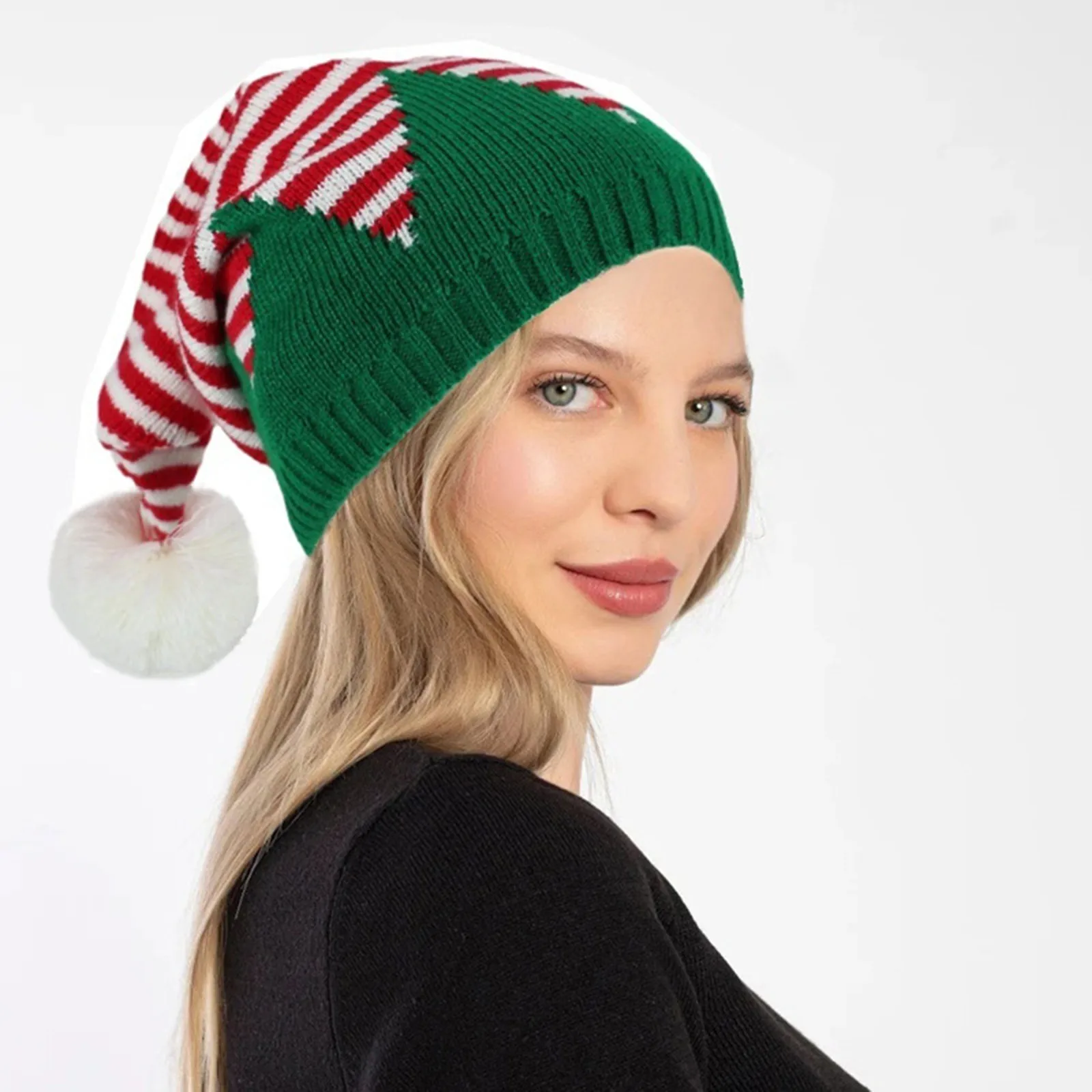 Christmas Elf Santa Beanie - Knitted Red Green Striped Hat
