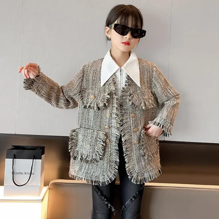 

Girl Spring Autumn New Tassels Coats Children Long Sleeve Fashion Outerwear tTops Kids Clothes Jacket 4-16 Years Wz1010
