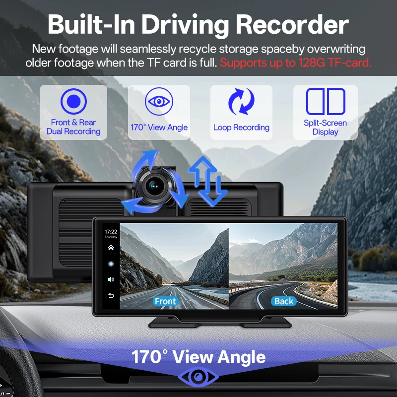 10.26” 4K DVR Portable Car Radio Wireless CarPlay Android Auto Dash Cam IPS Touc
