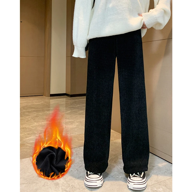 

New Winter Warm Lambwool Fluff Wide Leg Pants Korean Fashion Casual Thicken Women Snow Wear Pantalone Plush Fleece