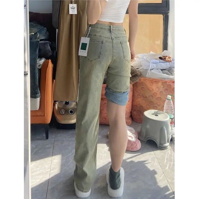 

Washed Vintage High Waisted Straight Leg Jeans Fall Spring Autumn Elastic Pants Retro Do Old Trousers Jeans Woman