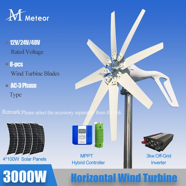 กังหันลมผลิตไฟฟ้า 3000W 2000W โรงงานผลิตพลังงานใหม่ กังหันลมแนวนอน 12V 24V 48V 8 ใบพัด พร้อมตัวควบคุม MPPT ฟรี 1