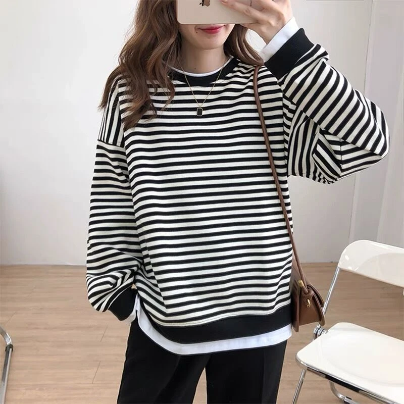

Spring Autumn Fake Two Piece Black Striped Hoodies Women Fashion Long Sleeve Sweatshirt Harajuku Pullovers Casual Top