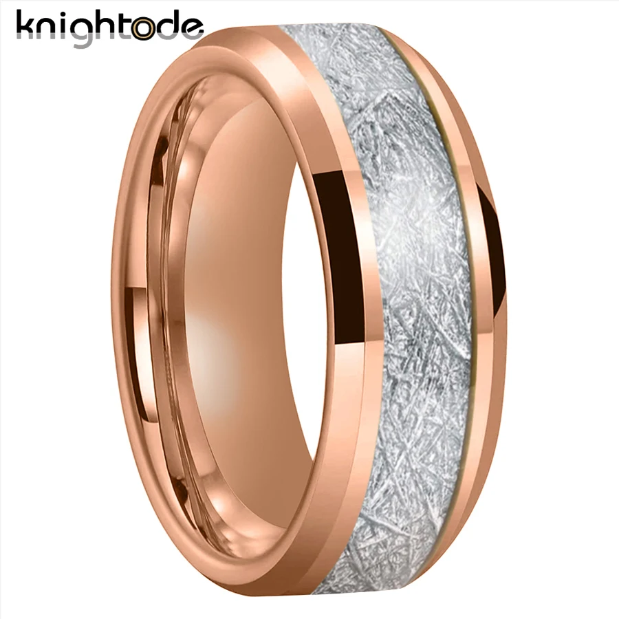 8mm White Meteorite Tungsten Carbide Wedding Band For Men Women Engagement Rings Beleved Edges Flat Polished Finish Comfort Fit menband fashion jewelry 8mm men women tungsten carbide rings with koa wood black meteorite inlay domed polishing comfort fit