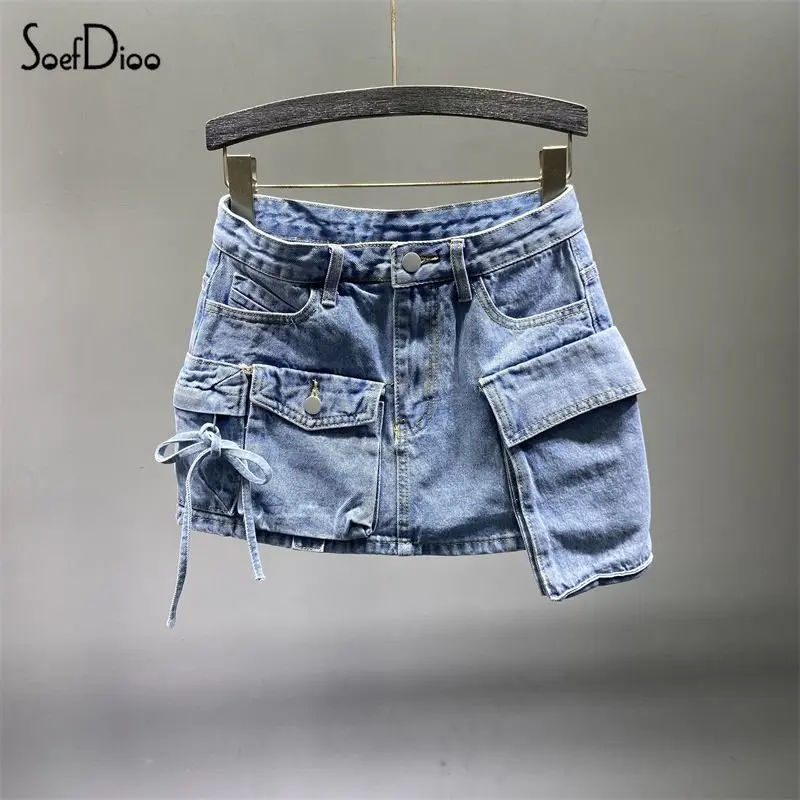 

Soefdioo Fashion Irregular Pocket Cargo Denim Skirt Women Clothing Summer 2023 Sexy A-line Hip Skirts Female Bottoms Streetwear