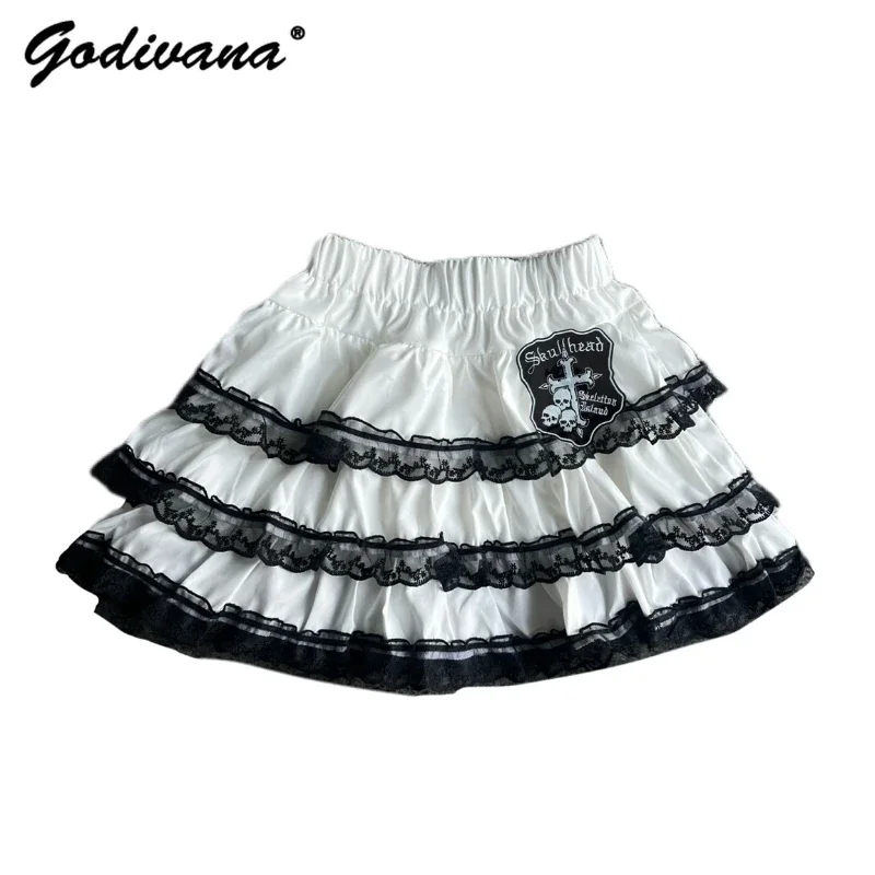 Black and White Mini Skirt Subculture Y2K Punk Japanese Style Skull Embroidery Multi-Layer Lace Cake Skirt Hot Girls