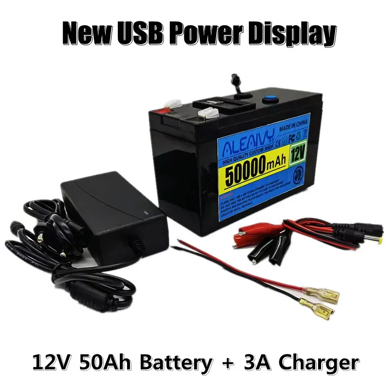 

12v50Ah Portable LiFePO4 Lithium Battery RecHargeable Battery Pack Built-in 5v 2.1A USB Power Display Charging Port With +Charge