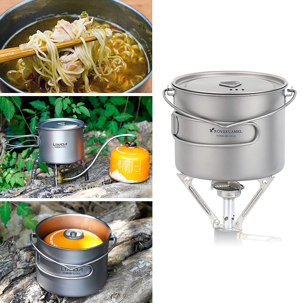 Lixada 750ml/900ml/1100ml Ultralight Titanium Pot Water Mug Cup with Lid and Foldable Handle Outdoor Camping Cooking Picnic 4