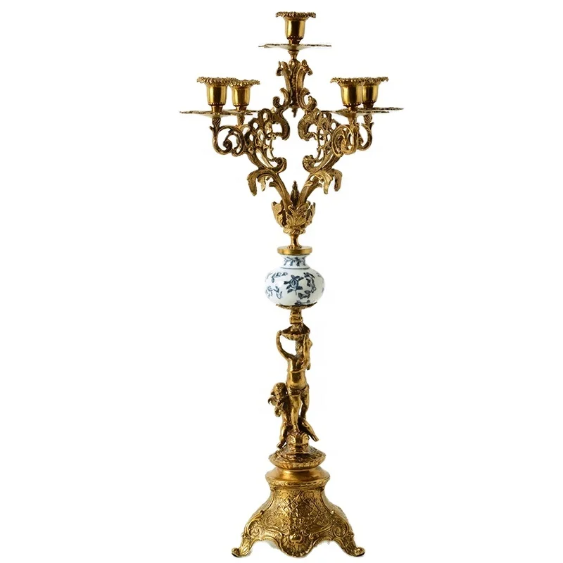 

European ceramic inlaid copper candlestick with five heads for luxury and high-end romantic decoration of the restaurant