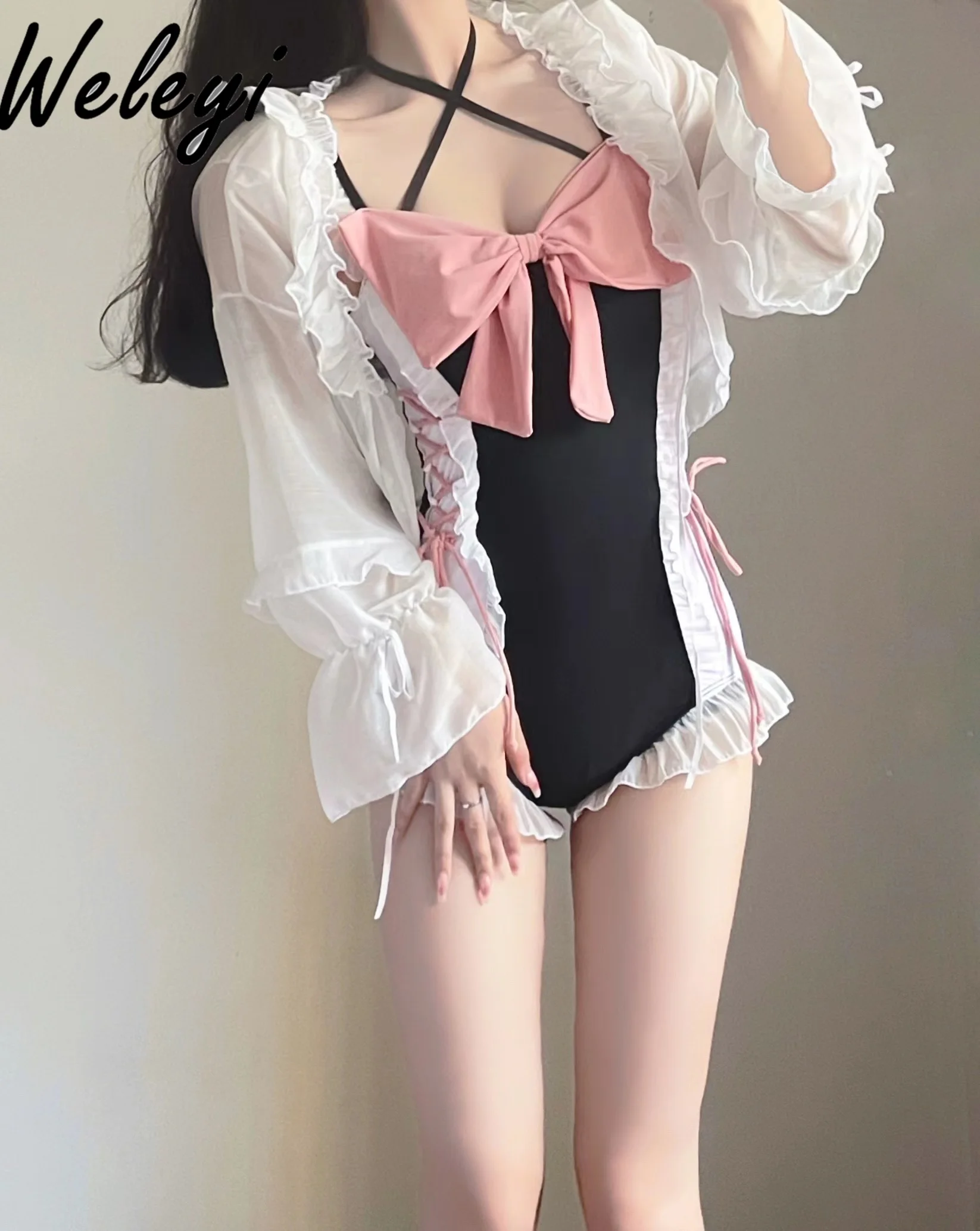 Sweet Y2K Lolita Triangle One Piece Swimsuit Women's Summer Pure Desire Wind Cover Belly Conservative Cute Girl Casual Swimwear