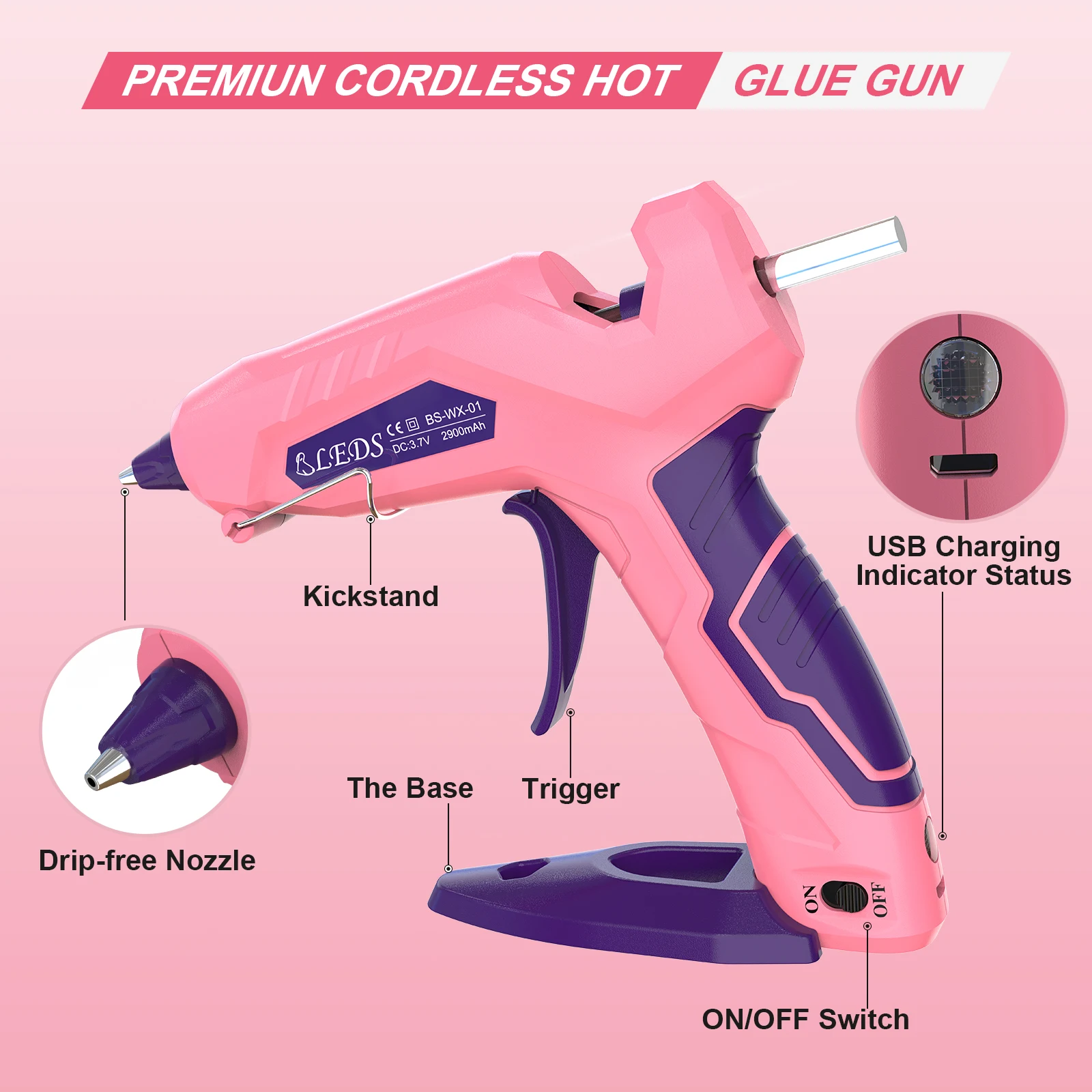 Cordless Hot Glue Gun, 2900 mAh Wireless USB Chargeable Battery