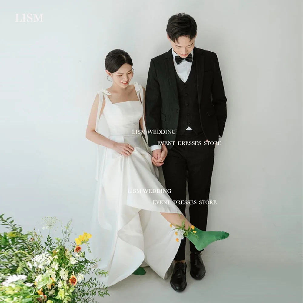 

LISM Simple Silk Satin A-Line Wedding Korea Photo Shoot Adjustable Straps Floor Length Bridal Gowns Wedding Party Formal Dress
