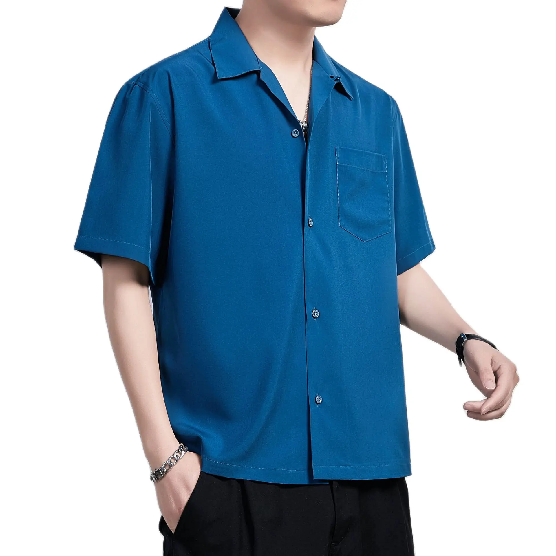 Short Sleeve Cuban Collar Casual Shirt Summer Solid Color Harujuku Shirts for Men Korean Clothes Camisas Para Hombre White Black men casual shirt