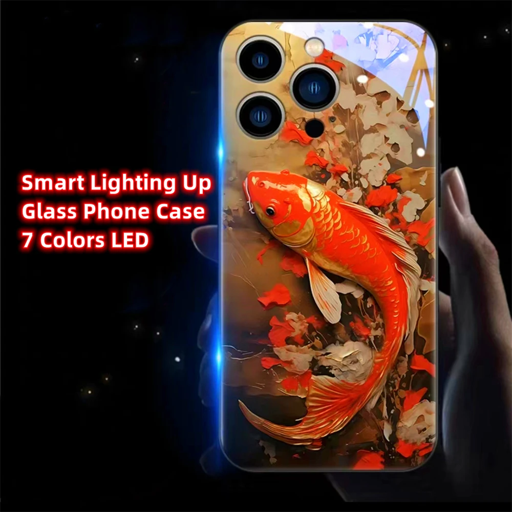 Fortune Golden Koi Fish Sound Control LED-Blitzhüllen, leuchtende Glasabdeckung für iPhone Air 17 16E 15 14 13 12 11 Pro Max Plus SE – Detail 22