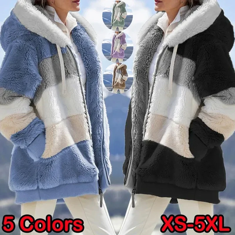 New Women's Fluffy Faux Fur Warm Coats Loose Couple Jackets Autumn Winter Zipper Design Outwear Patchwork Warm Hoodies Overcot 2021 autumn new women winter faux fur suede jackets coat thicken warm lambswool teddy coats ladies loose oversized outwear tops