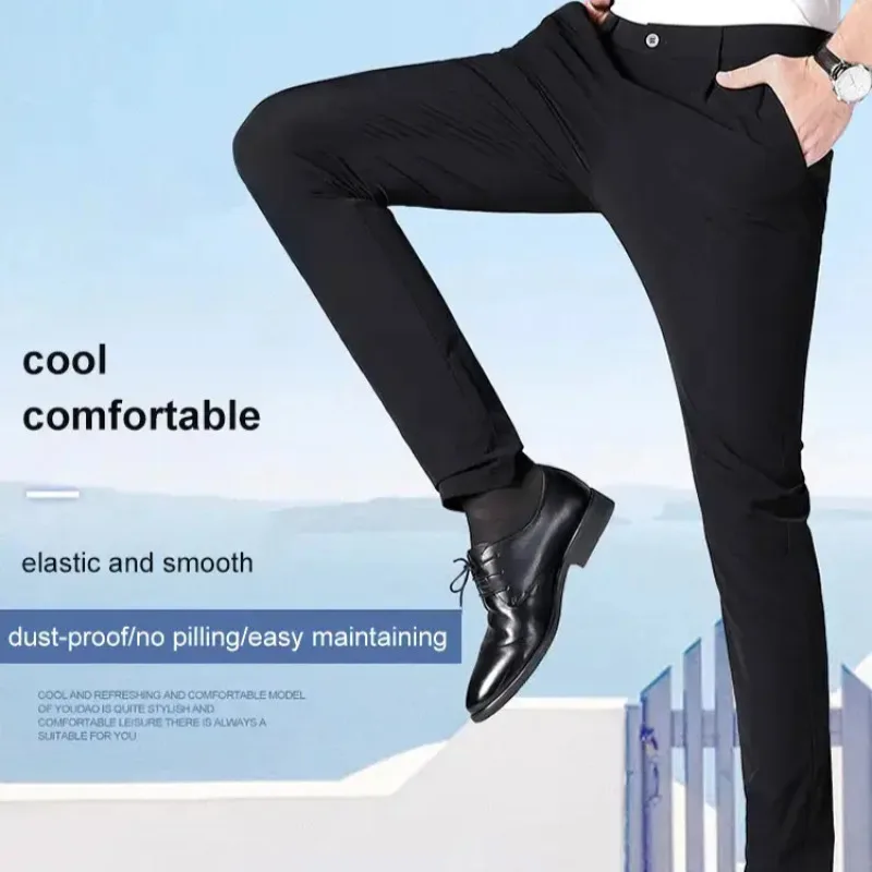 Men's Ice Silk Suit Pants Casual Formal-Pants Elastic Mid-waist Baggy Trousers Straight Business Official Trousers for Adult Man