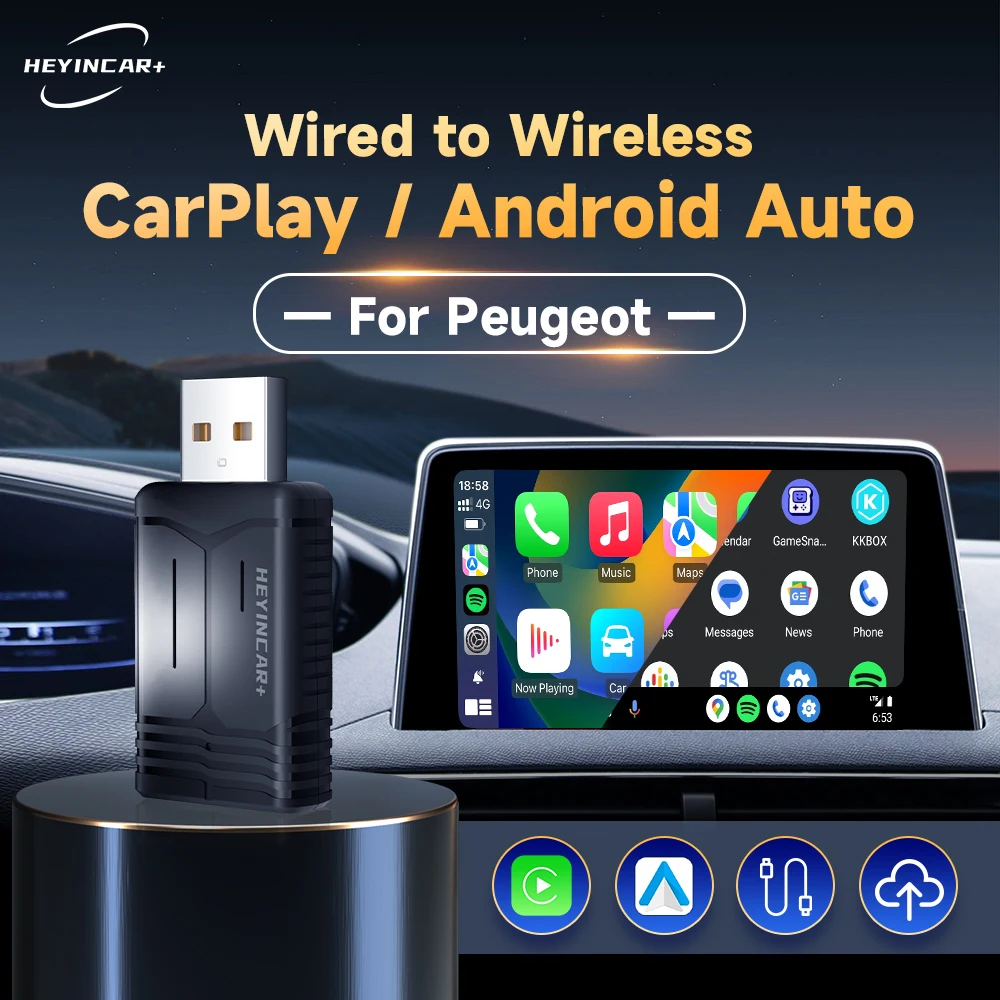 

Новинка 2024 года, беспроводной адаптер HEYINCAR 2 в 1 для автомобиля на платформе Android, беспроводной блок для Peugeot 208 308 408 508 2008 3008 4008 5008