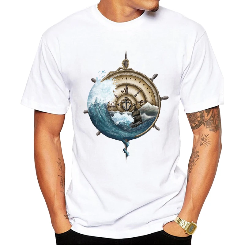 TEEHUB Hipster Kompass Kunst Männer T-Shirt Lustige Vintage Welle Gedruckt T-shirts Kurzarm Heißer T Mode Tops – Detail 4