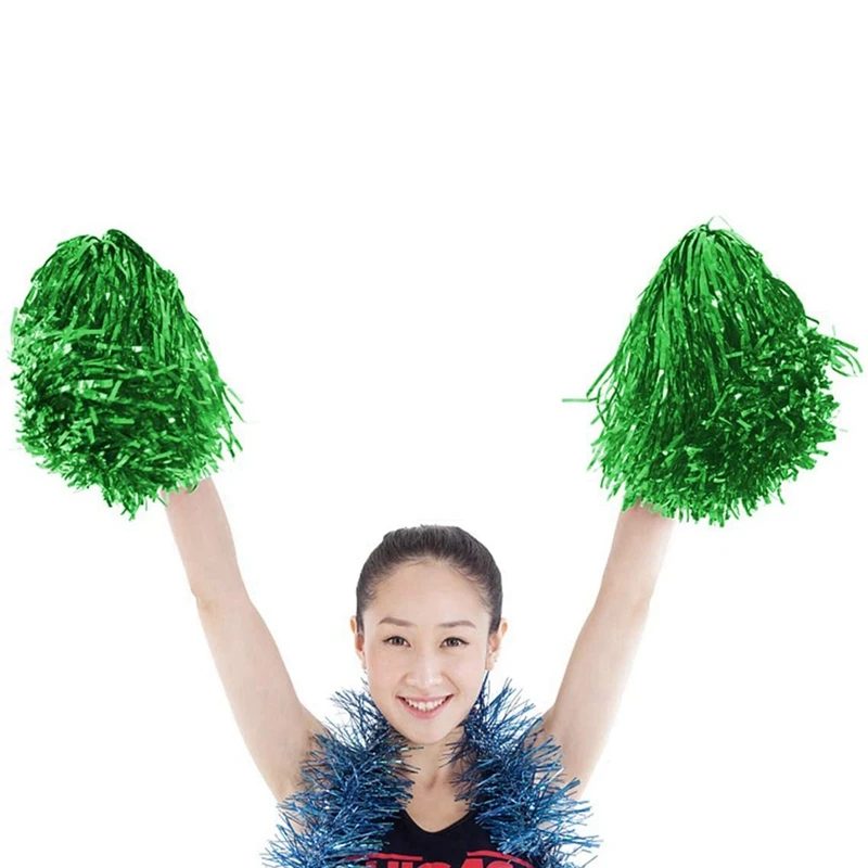 48Pcs Cheerleading Pom Poms Metallic Foil Cheer Pom Poms With Plastic Handle For Adults Kids Cheerleaders Party Green
