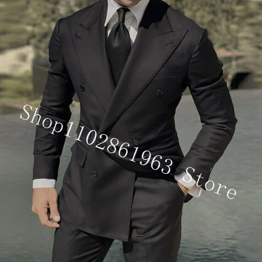 Casual Double Breasted Male Suits Slim Fit 2 Pieces Men Suits Blazer Pants Groom Wedding Party Tuxedos Costume Homme Mariage