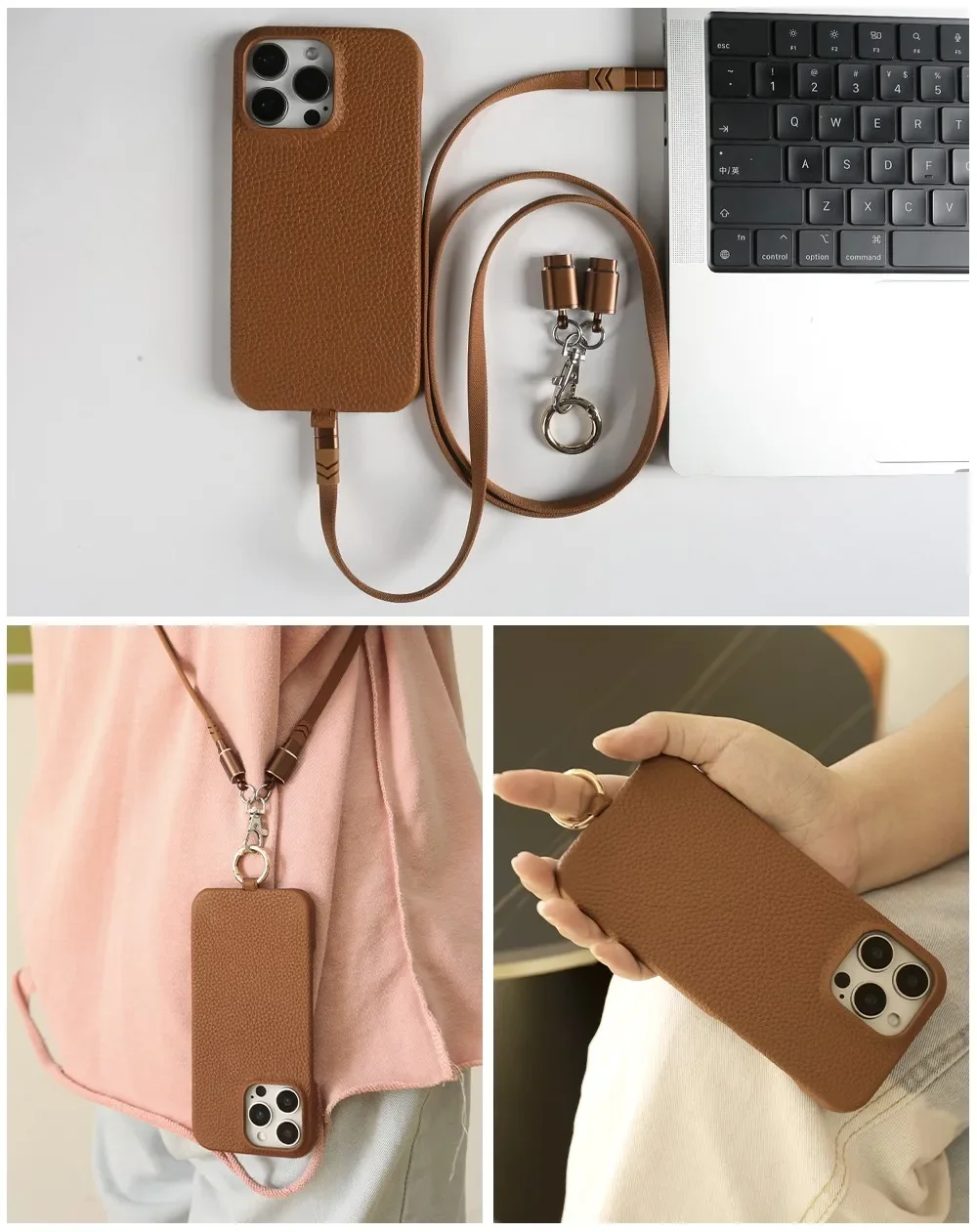 USB Charging Cable Genuine Leather Case For iPhone 16 Pro Max 15Pro 11 13 12pro 14Pro Strap Crossbody Lanyard Phone Cover