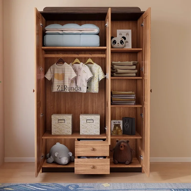 1 Walnut children's wardrobe, teenage wood wax oil three door wardrobe, household children's storage cabinet