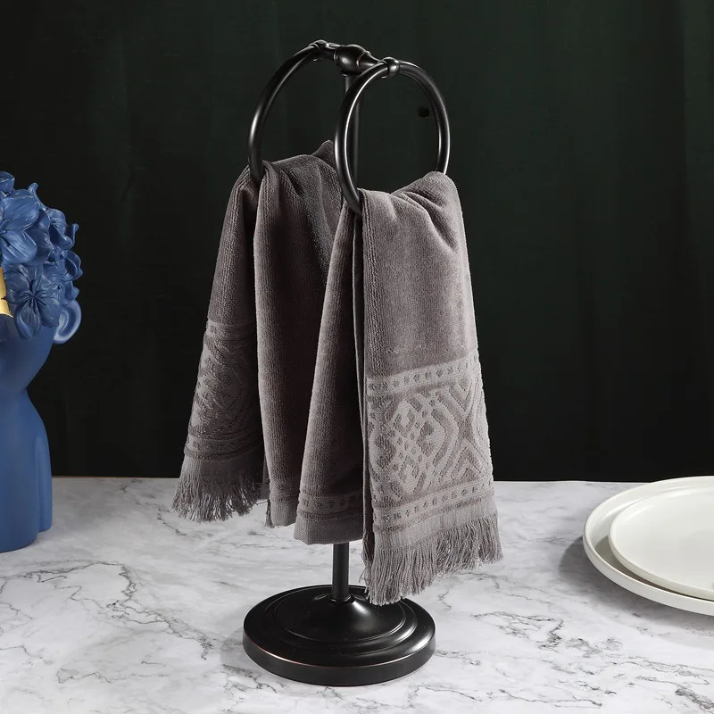 Bathroom Vertical Towel Rack Floor Standing No-Punch Stainless Steel Bath Towel Organizer Double Ring Hotel Shelf