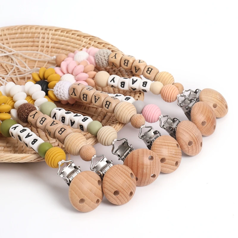 Personalisierte Sunflower Schnuller Kette Holz Clip Halter Umweltfreundliche Neugeborenen Spielzeug – Detail 2