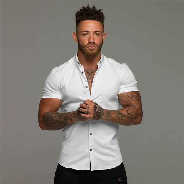 Brand Casual Summer Luxury Solid Short Sleeve Slim Fit Shirt Men Streetwear  Social Dress Shirts Mens Fashion Gym Sports Jersey - AliExpress