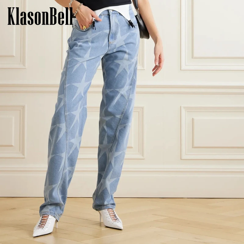 

4.9 KlasonBell Fashion Star Print Pattern Jeans For Women Washed Denim High Waist All-matches Straight Pants