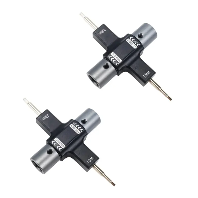 Outil métallique de type clé à écrous M5 pour drone FPV, avec roulement unidirectionnel visible et embouts rangés.