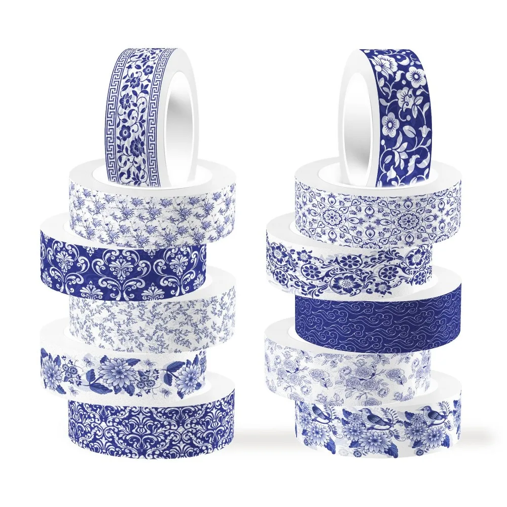 12 Roll/Set 1.5cm Wide Washi Tape Chinoiserie Design Adhesive Masking Tape Blue and White Porcelain Decor Stickers