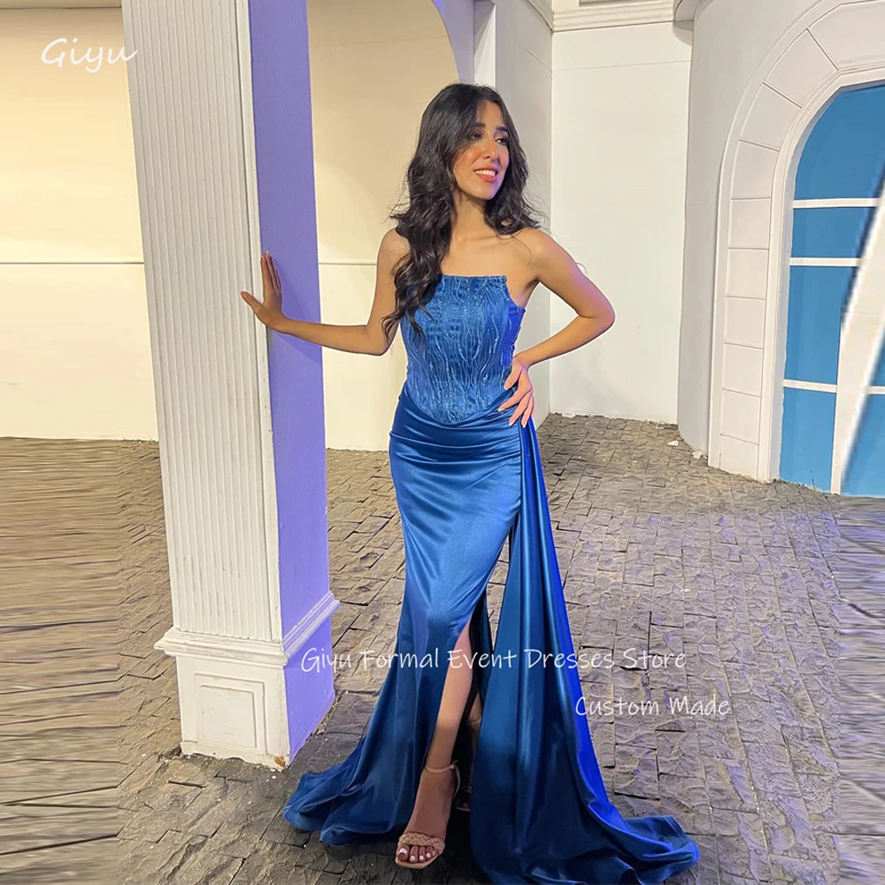 

Giyu Blue Mermaid Evening Dresses Strapless Pleats Mermaid Long Prom Gowns Formal Party Dress vestidos de fiesta