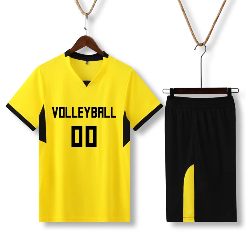 Short Sleeve Volleyball Jersey Set Mens Volleyball Uniform V-neck Shirt Two Pockets Shorts Sports Kit Training Suit Custom