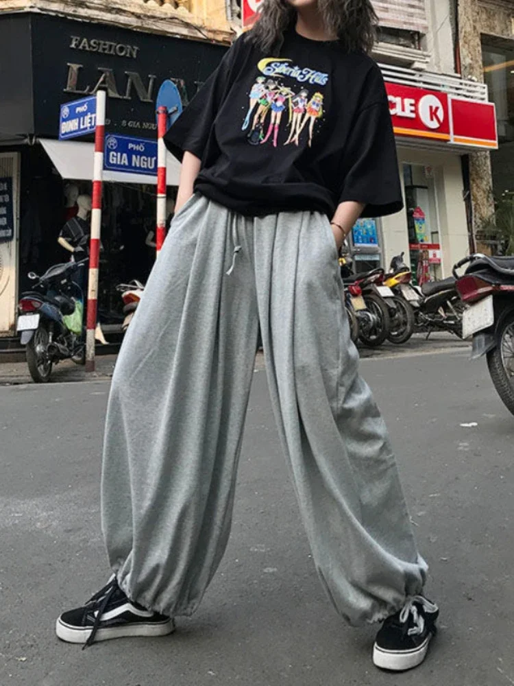 

QWEEK Harajuku Gray Jogging Sweatpants Women Hip Hop Streetwear Wide Leg Sports Pants Korean Fashion Oversize Trousers Baggy
