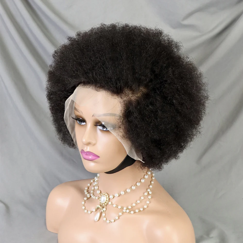 Lace Front Afro Short Afro Kinky Curly Human Hair Wigs 250% Density 13x4 HD Lace Frontal Fluffy Curly Bob Wigs for Black Women