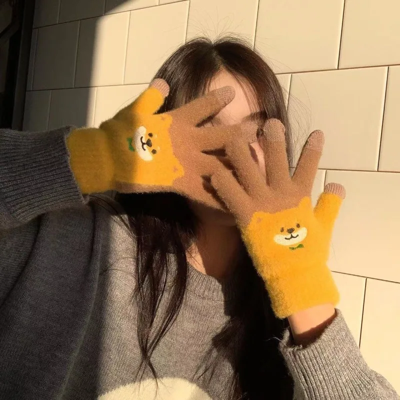 Warm Fluffy Shiba Inu Gloves Cute Cartoon Dog Touchscreen Winter Warmer Women Full Finger Glove Soft Knitted Wrist Mittens 2