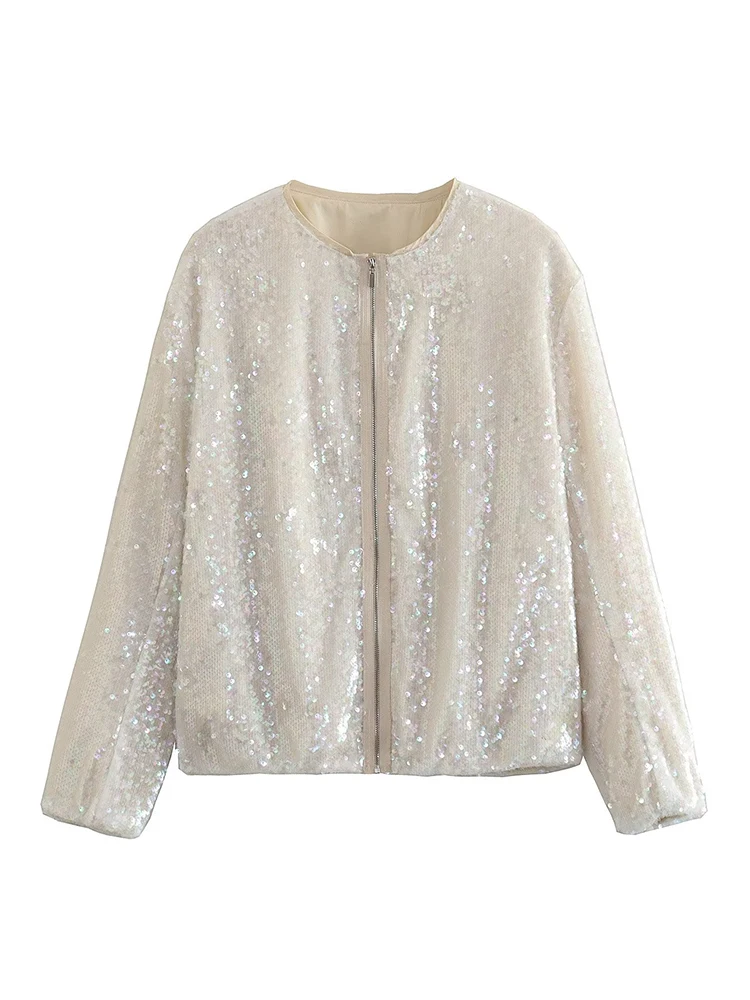 

2023 Women Long Sleeve Zipper Sequin Bomber Jacket