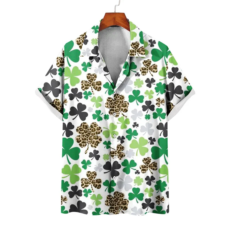 thumbnail image 1 of Camisas de playa hawaianas nuevas de verano para hombres y mujeres, camisa para parejas, camisa de manga corta con solapa estampada con trébol de cuatro hojas, camisas florales coloridas, 1 of 4