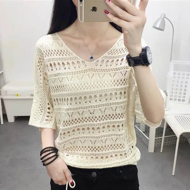 

Fashion Batwing Sleeve Bandage Shirring Hollow Out T-Shirt Women's Clothing 2023 Summer New Casual Pullovers Korean Tee Shirt