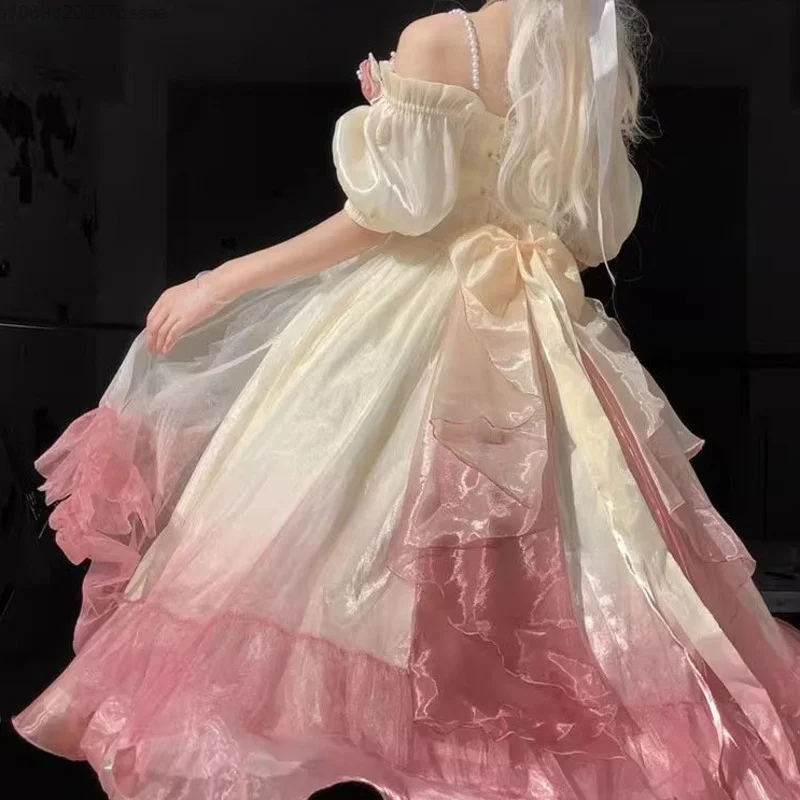 thumbnail image 2 of Vestido de fiesta elegante de noche francés, vestido de dama de honor de sirena rosa degradado, vestido de graduación, vestido de princesa de hadas Lolita con cola, 2 of 6