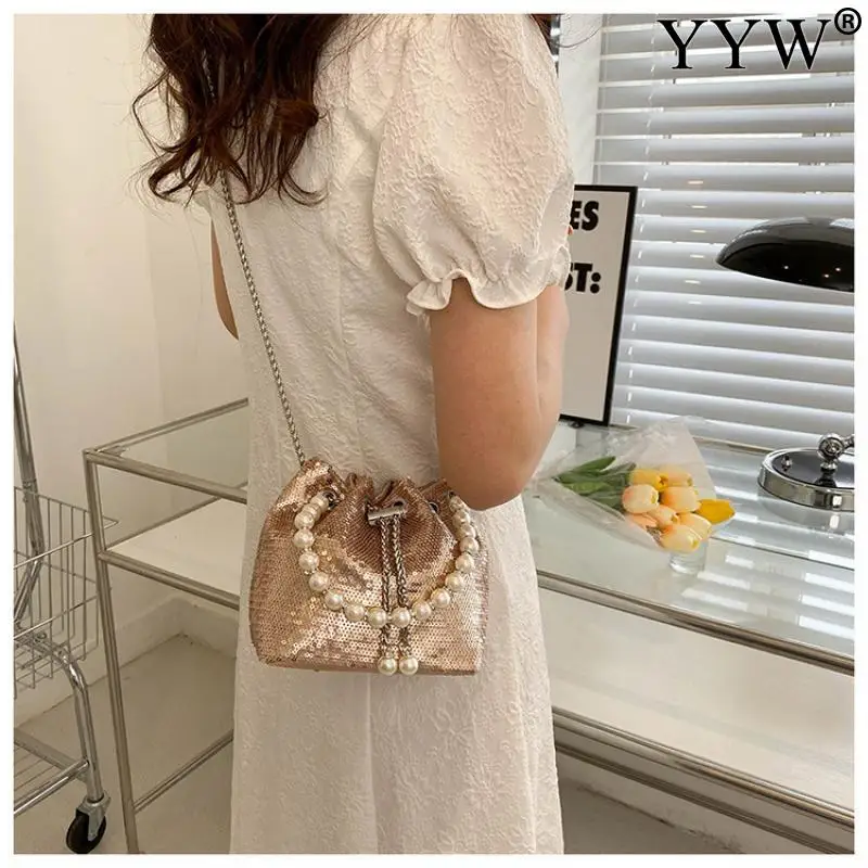 Fashion Women Bucket Shoulder Bag With Sequin Pearl Crossbody Baggirl Handbags Female Clutches Bolsos Evening Party Mini Purse